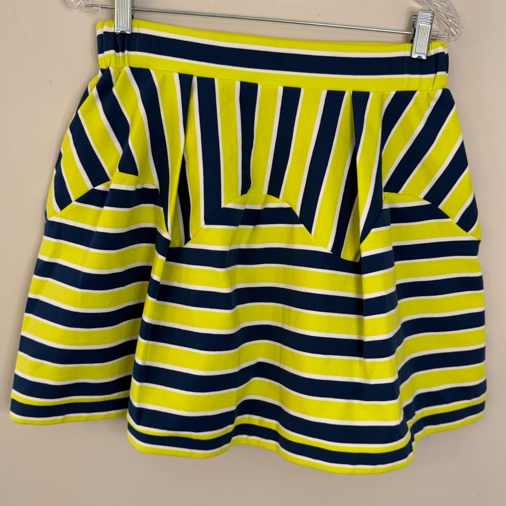 Anthropologie bold blue yellow striped pleated mini skirt SZ LG